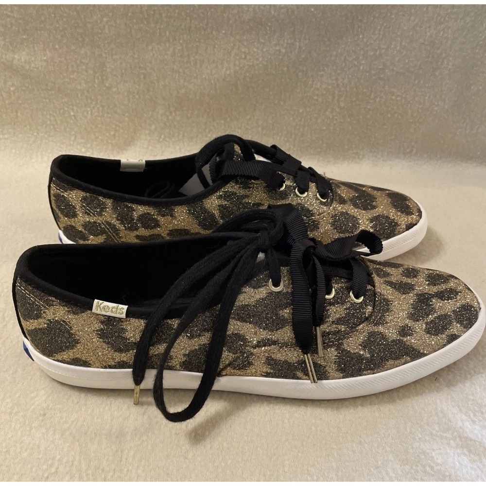 NEW Ked's Kate Spade sz 7.5 Glitter Leopard animal print shoes Dbl Black laces